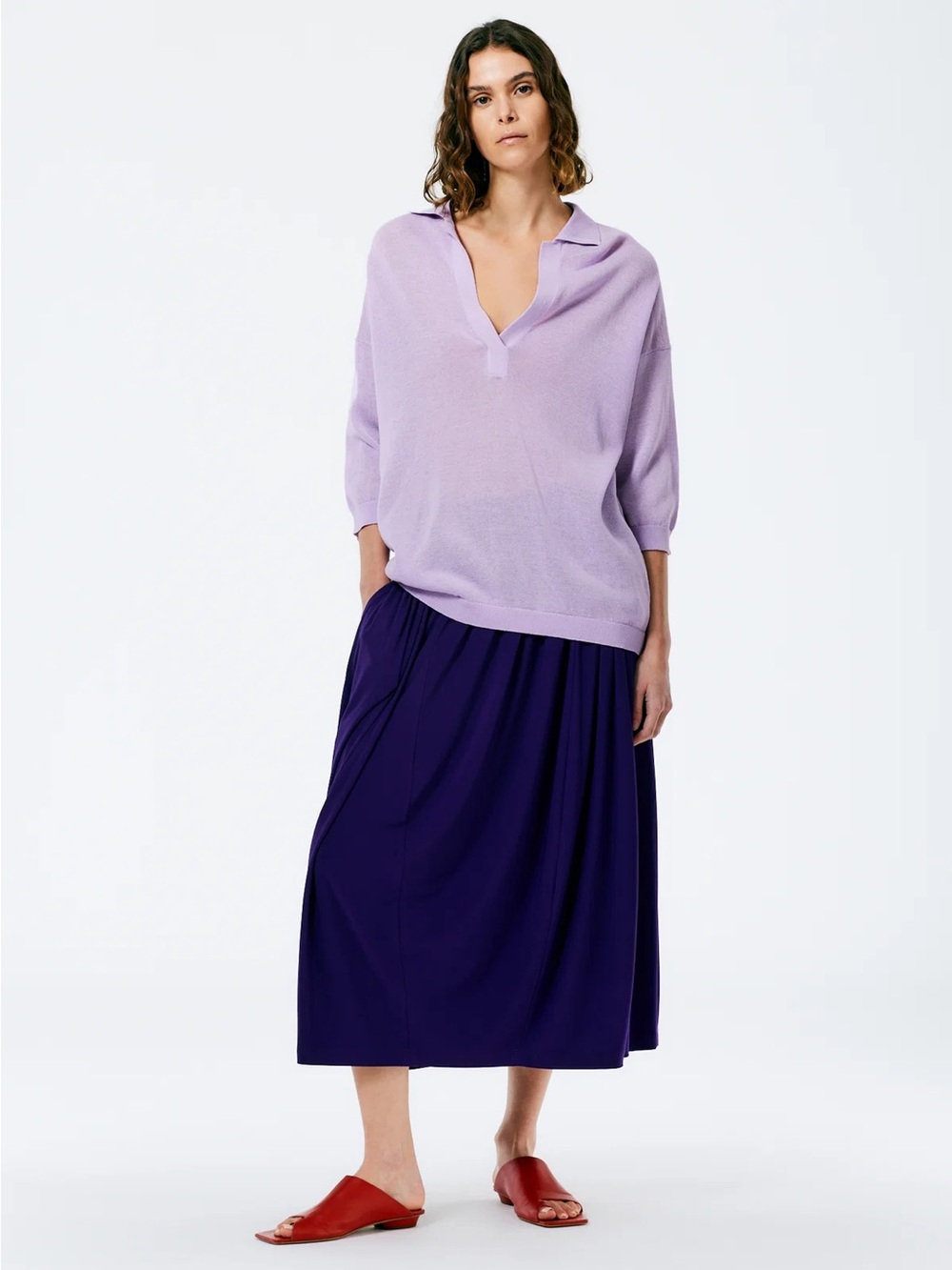 TIBI Crispy Viscose Sweater Easy Polo in Dusty Lavender - Picture 2 of 7